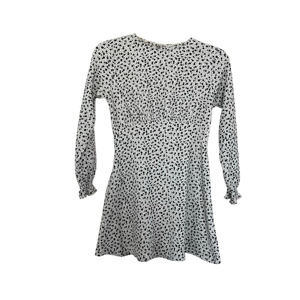 Zara Girls White  Black Flowers Long Sleeve Crinkled Fit and Flare Dress size 10